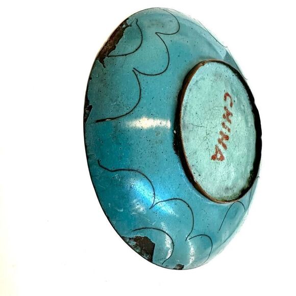 Chinese Cloisonne Enamel Brass Floral small Tray Turquoise Blue - Picture 5 of 5